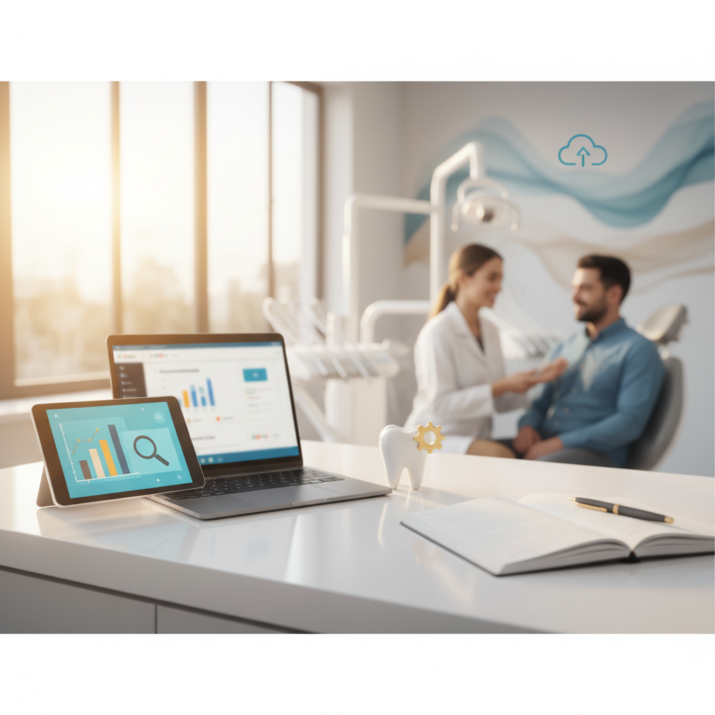 Dentista consultando painel de Google Ads com gráficos de desempenho em computador moderno